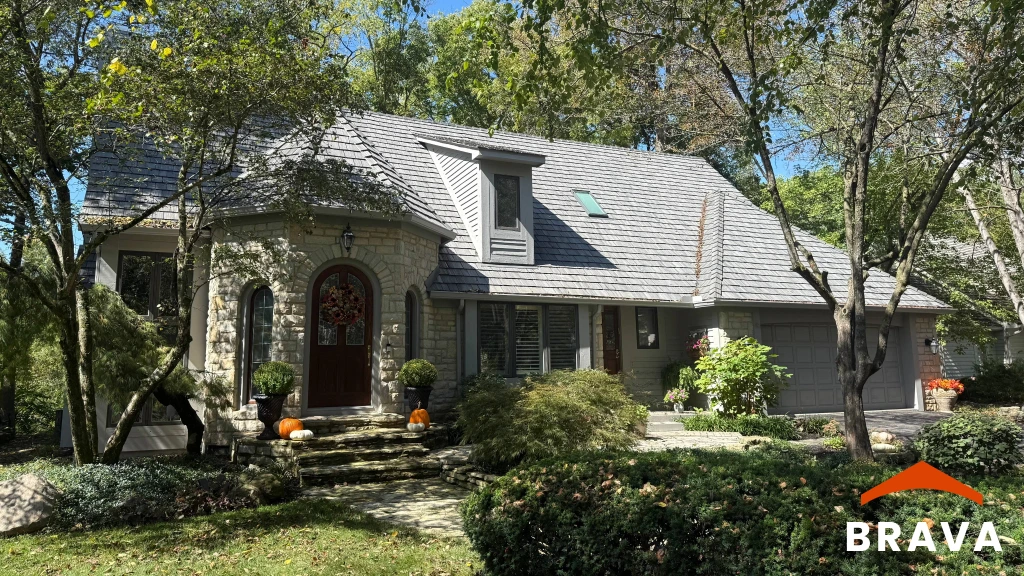 Beautiful stone home with a new Brava tile roof.