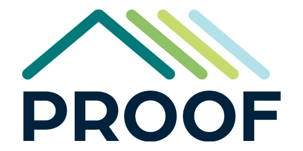 Proof Residential Roofing Service logo featuring a house roofline icon and the word Proof in navy blue