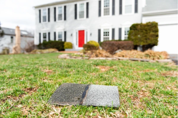 Fallen asphalt roof shingle lying in the grass in front of a residential home after storm damage
