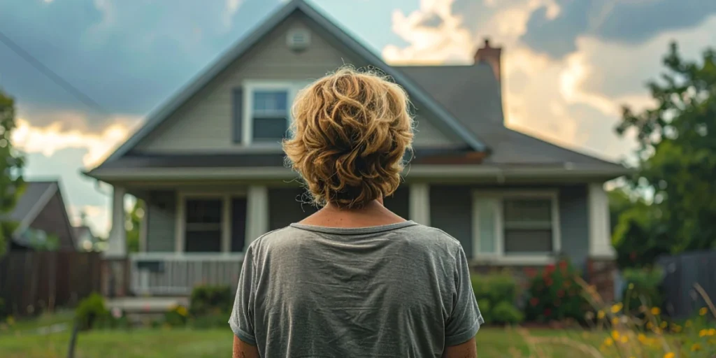 Homeowner standing in yard looking up at the pitched roof of a single-family home under a stormy sky